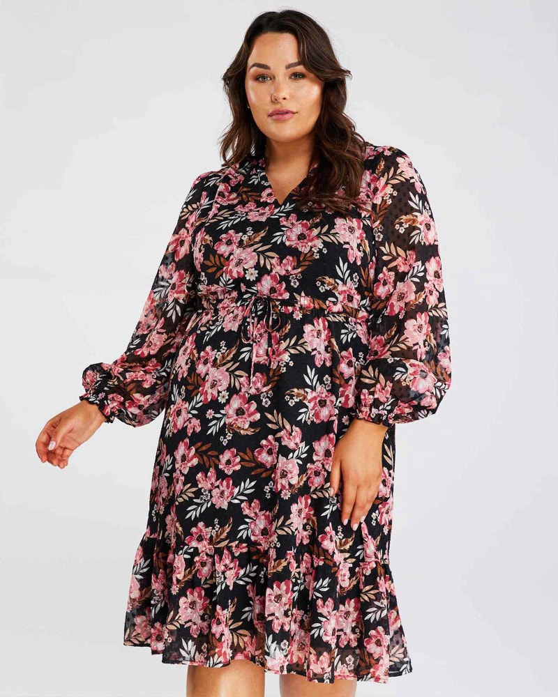 Front of a model wearing a size 24W Woodland Floral Dress in Print by Estelle. | dia_product_style_image_id:315544